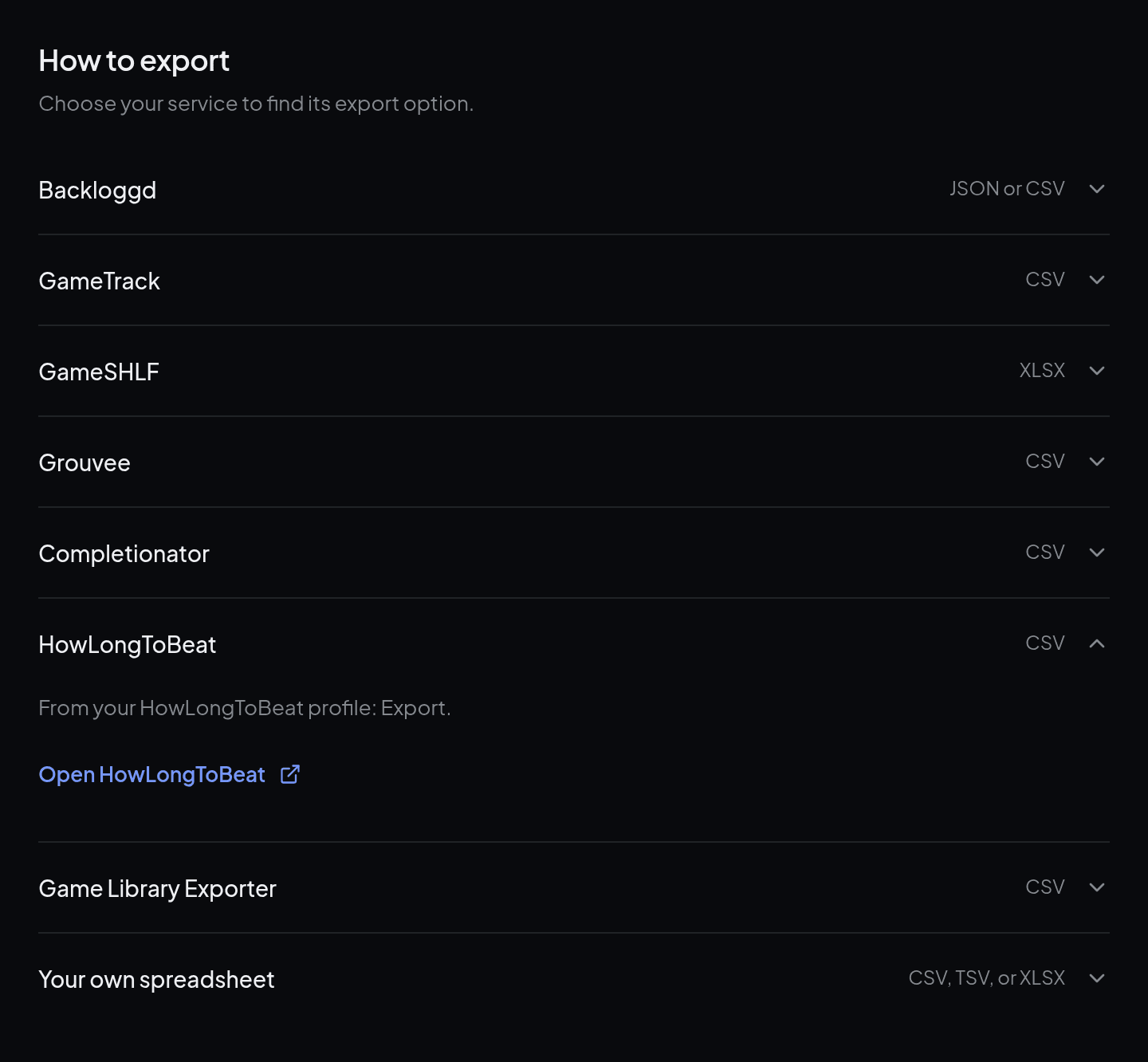 The How to export list in playedby.me, with HowLongToBeat opened to show where its export is.