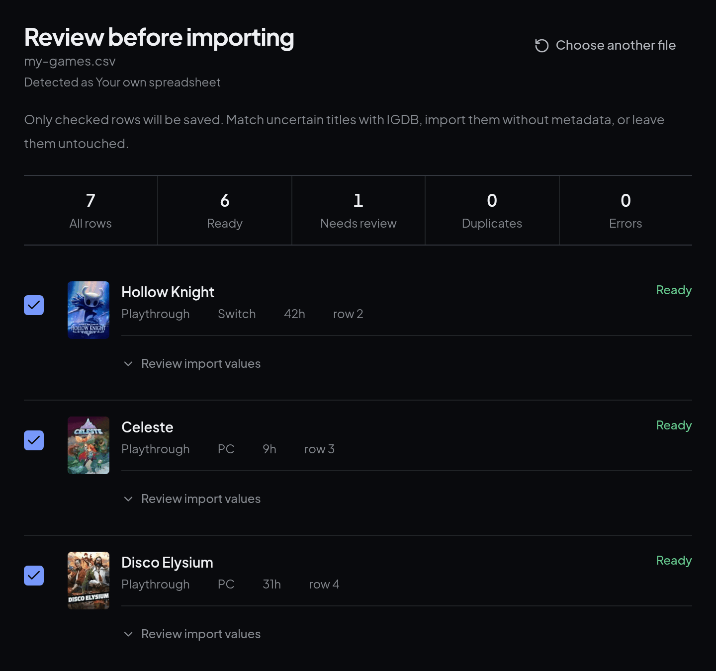 Review before importing: a file detected as Your own spreadsheet, with counters for ready rows, rows to review, duplicates and errors.