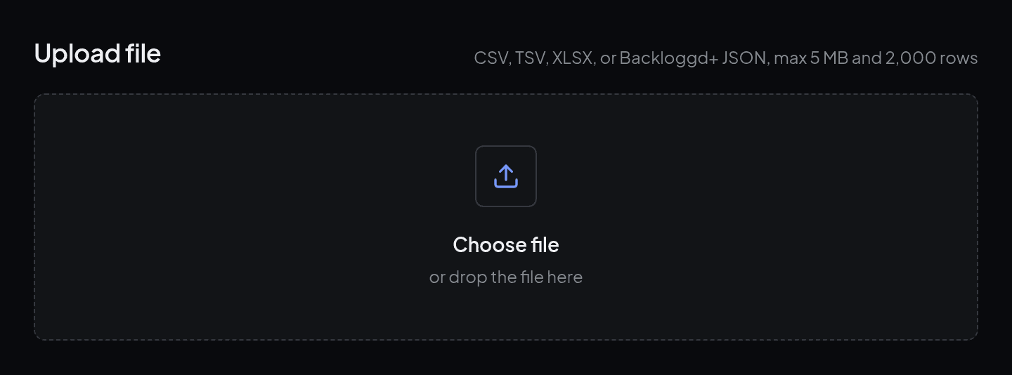 The Upload file area with a drop zone and the supported formats and limits.