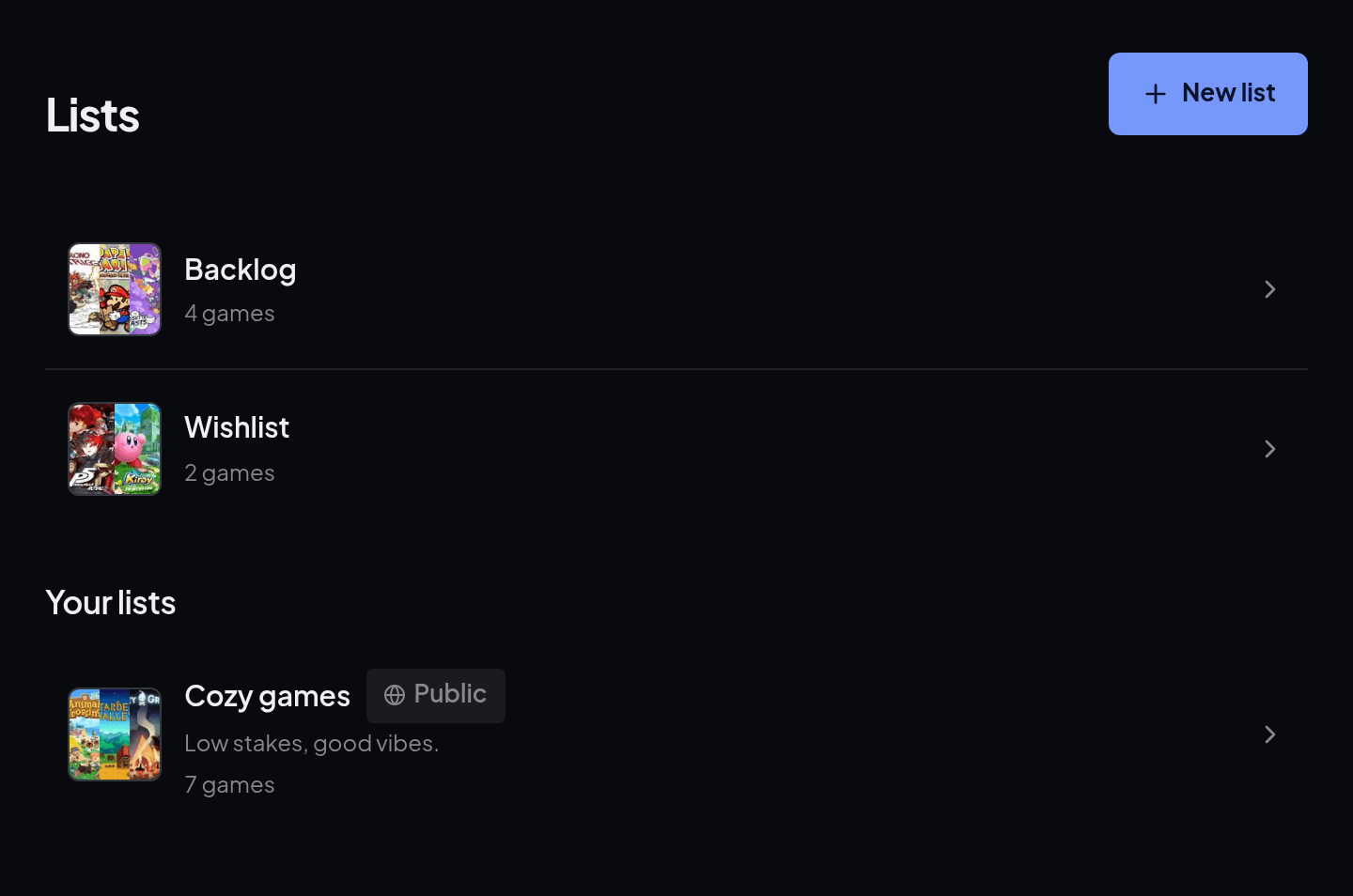 The Lists page with Backlog, Wishlist and a public list called Cozy games.