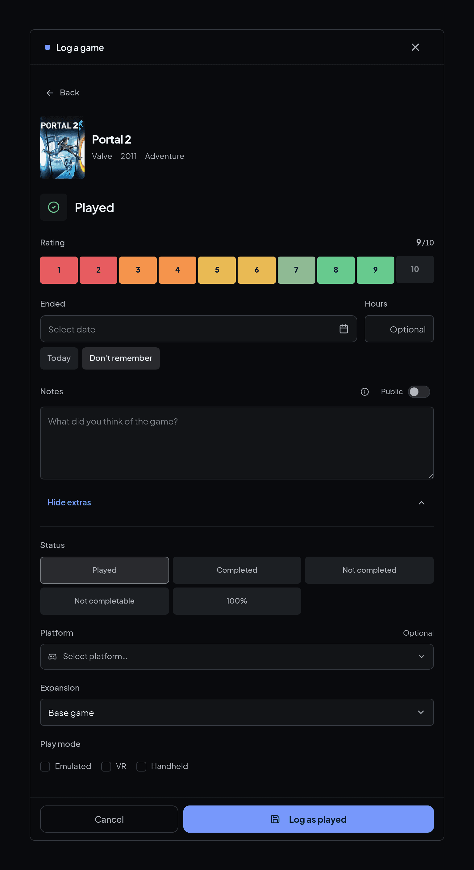 The Played form with a rating from 1 to 10, end date, hours, notes with a Public switch, status, platform, expansion and play mode.