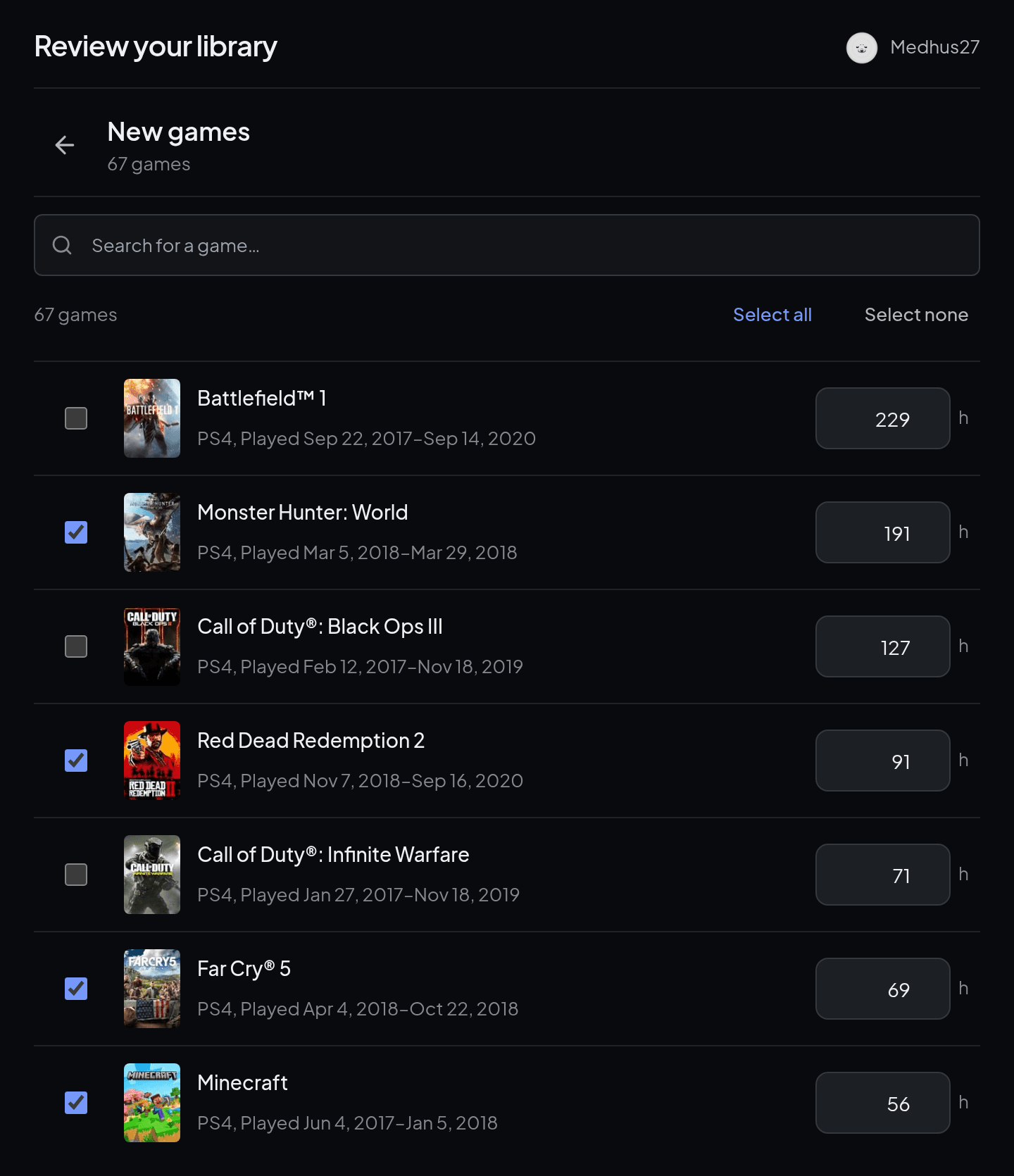 New games found in the PlayStation library, each with platform, the period it was played and an editable hours field.