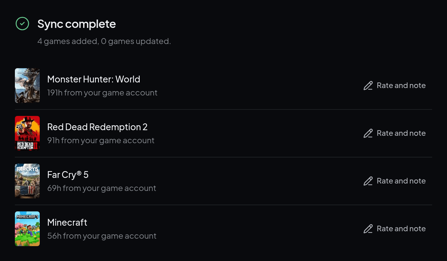 The Sync complete summary: four games added, each with its hours from PlayStation and a shortcut to rate and note it.