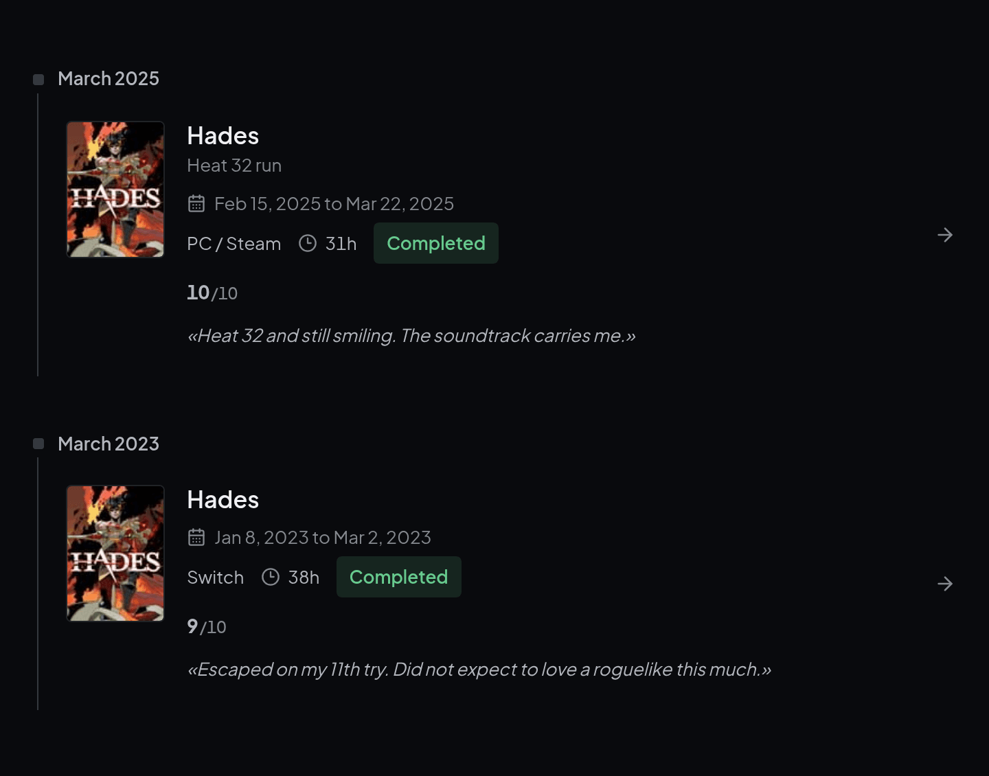 Two journal entries for Hades: March 2025 with the Heat 32 run on PC, and March 2023 with the first run on Switch.