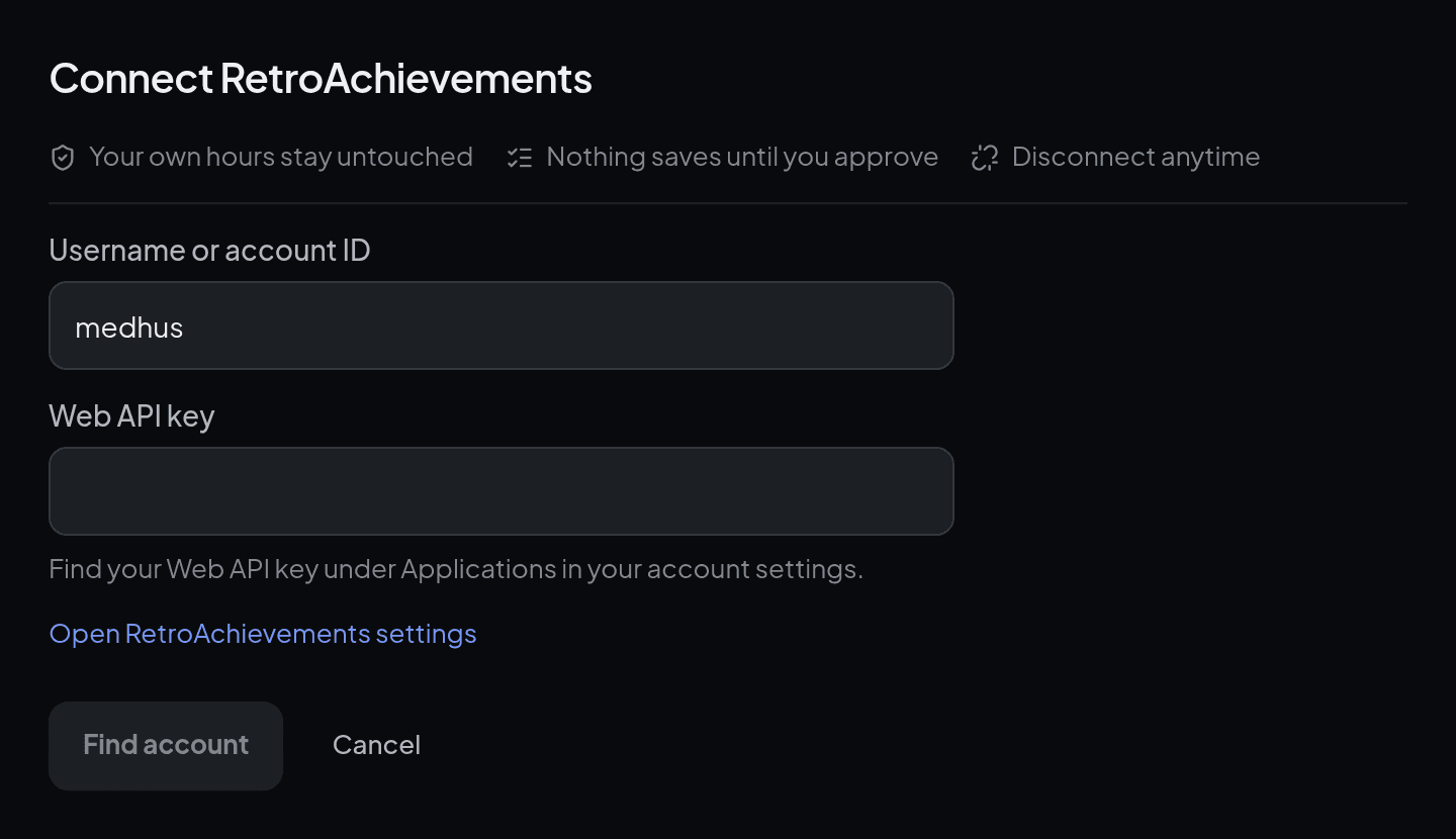 The Connect RetroAchievements form with fields for username and Web API key and a link to the RetroAchievements settings.