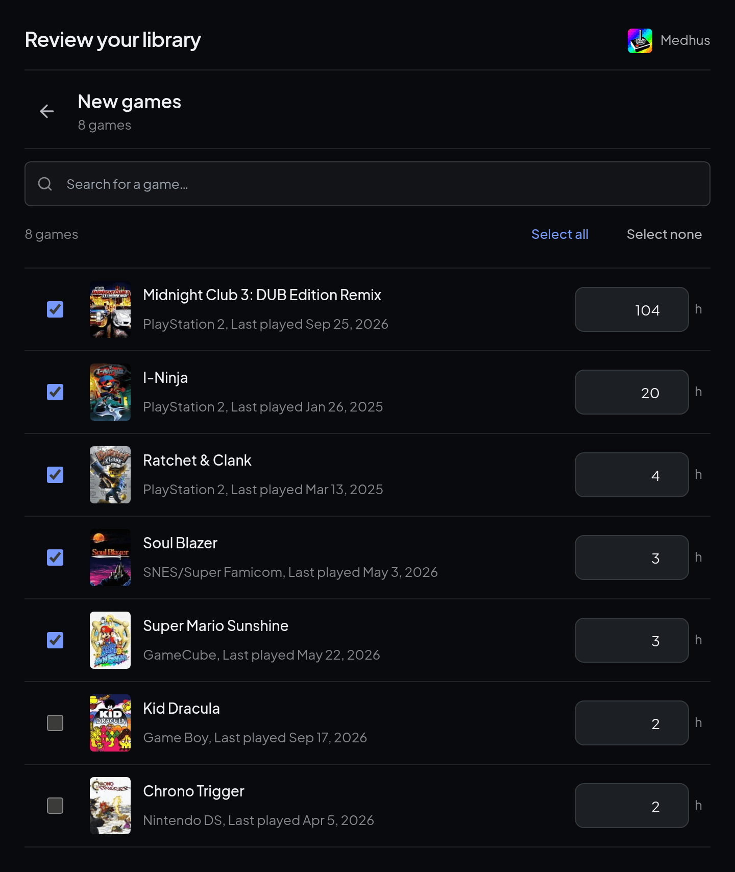 New games found through RetroAchievements, each with its console, last played date and hours.