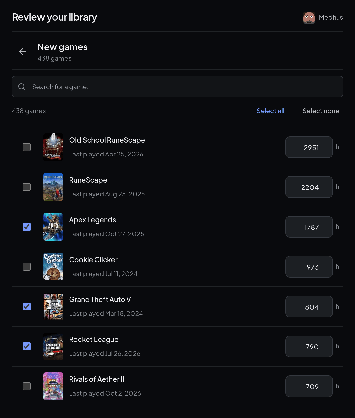 New games found in the Steam library, some selected and some not, each with an editable hours field.