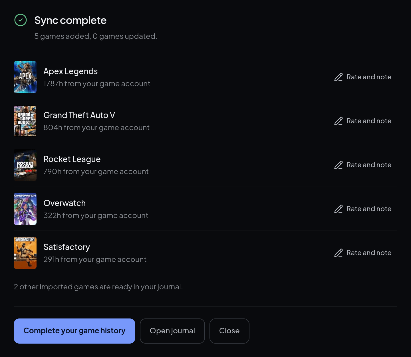 The Sync complete summary: five games added, each with its hours from Steam and a shortcut to rate and note it.
