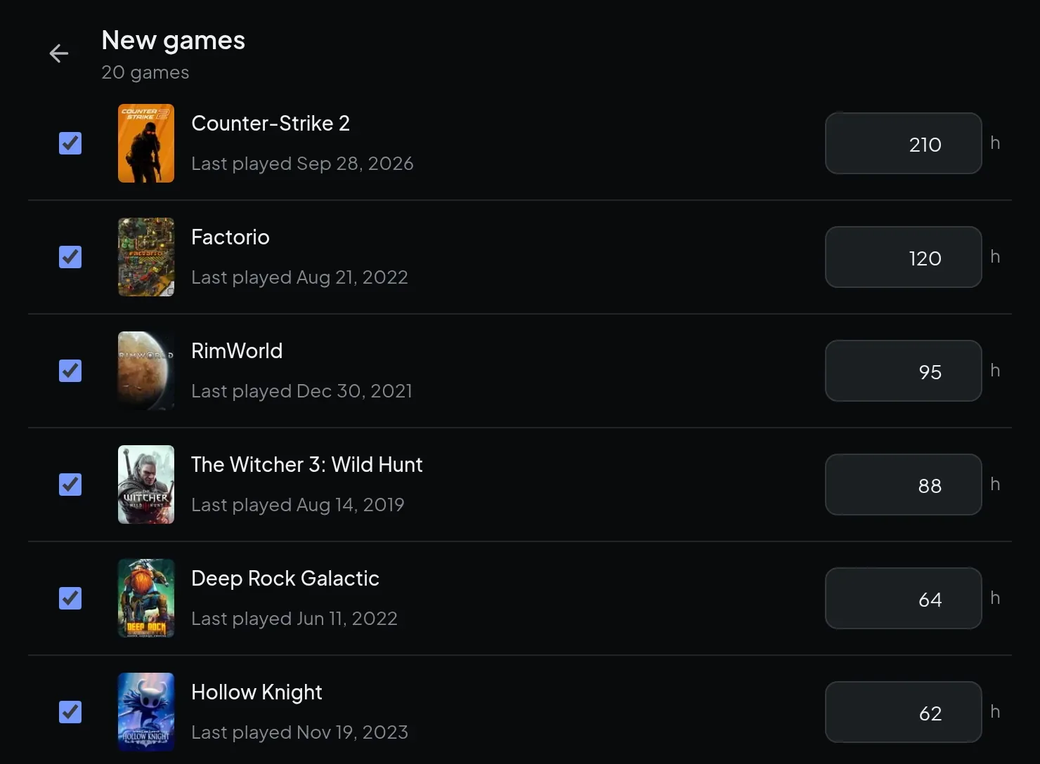 The Steam import with games and playtime ready to add