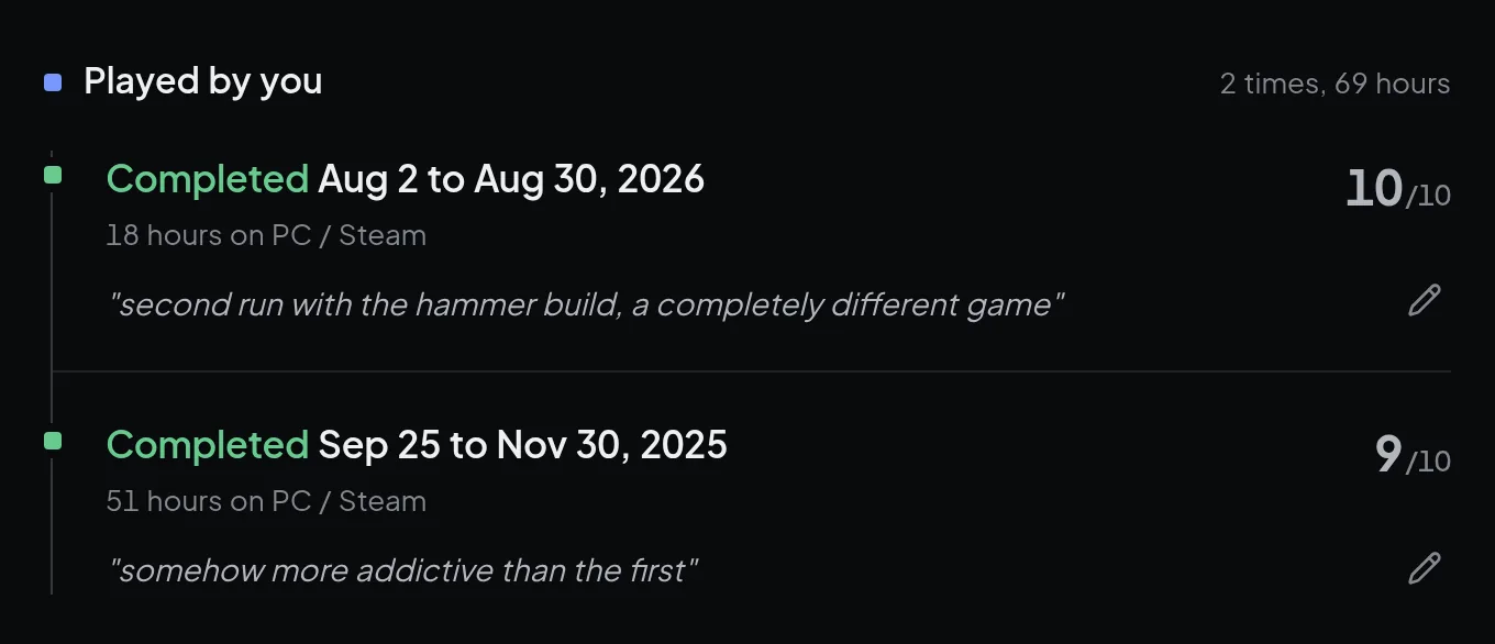 A game page with two playthroughs, each with dates, hours, rating and note